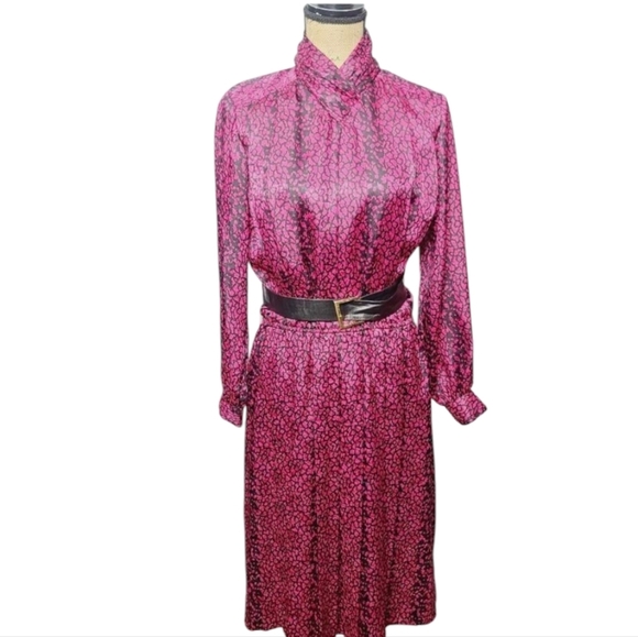 Vintage 90s Hot Pink Barbiecore Abstract Print Long Sleeve Midi Dress - Picture 1 of 16